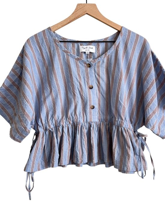 Rujuta Sheth Tops - Rujuta Sheth Blue Striped Short Sleeve Tie Side Top